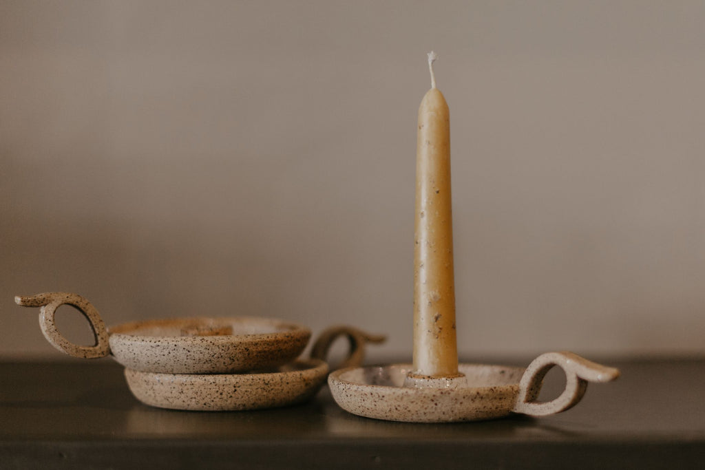 Stoneware Candlestick Holder with Handle - Pottery Candle Holder